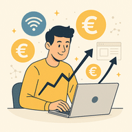 Jonge man die online geld verdient via laptop – symbool voor beginnen met online geld verdienen