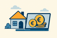 Illustratie van iemand die thuis achter een laptop online geld verdient, symbool voor werken en verdienen vanuit huis.