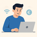 Jonge man werkt ontspannen op zijn laptop vanuit huis en verdient online geld