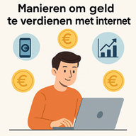 Illustratie van een persoon die online geld verdient via laptop en internet