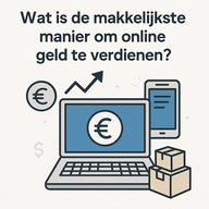 Illustratie van iemand die nadenkt over manieren om online geld te verdienen, met laptop en eurotekens op de achtergrond