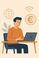 Illustratie van iemand die op afstand met een laptop werkt als symbool voor werken op afstand en online geld verdienen