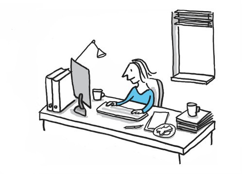 Illustratie van iemand die thuis aan een bureau werkt aan het genereren van extra inkomen online