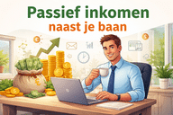 Illustratie van man die op laptop werkt en passief inkomen opbouwt naast zijn baan